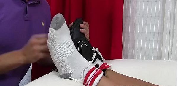  Inked hunk Jake tied up for severe toe licking by kinky stud